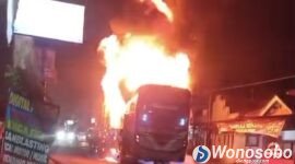 Bus milik perusahaan otobus Putra Perdana terbakar hebat di wilayah Kecamatan Selomerto, Kabupaten Wonosobo.