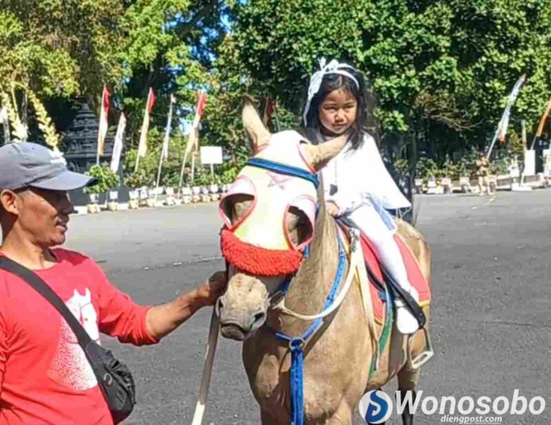 Lavanya Zeela Quintessa tampil ceria menunggangi kuda di Pendopo Kabupaten Wonosobo, Jumat (24/7/2026)